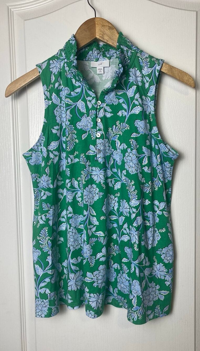 J. Jill Green Blue White Floral Sleevless Smocked Button Neck Top Size Small
